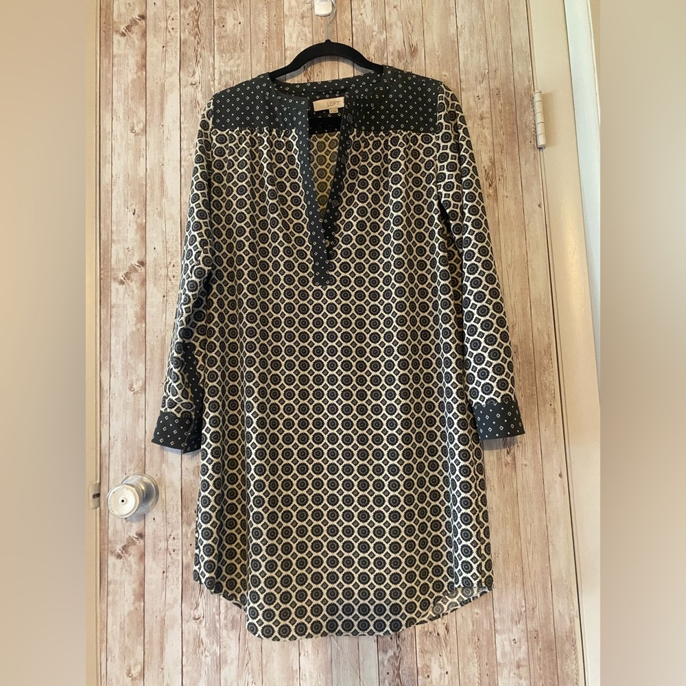 Loft XS popover medallion shirt dress gray / white shift oversized